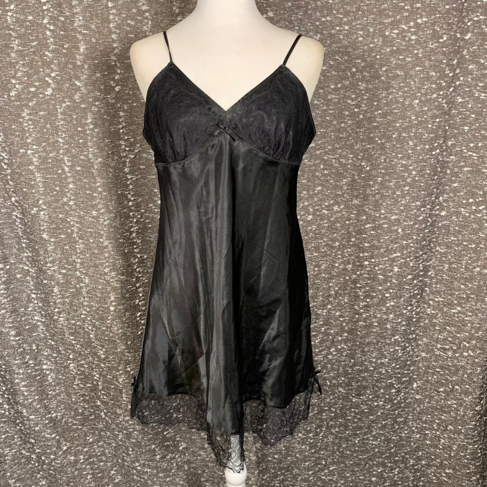 Ambrielle Black Satin Lace Trim Chemise Slip Dress Coquette Women's Large